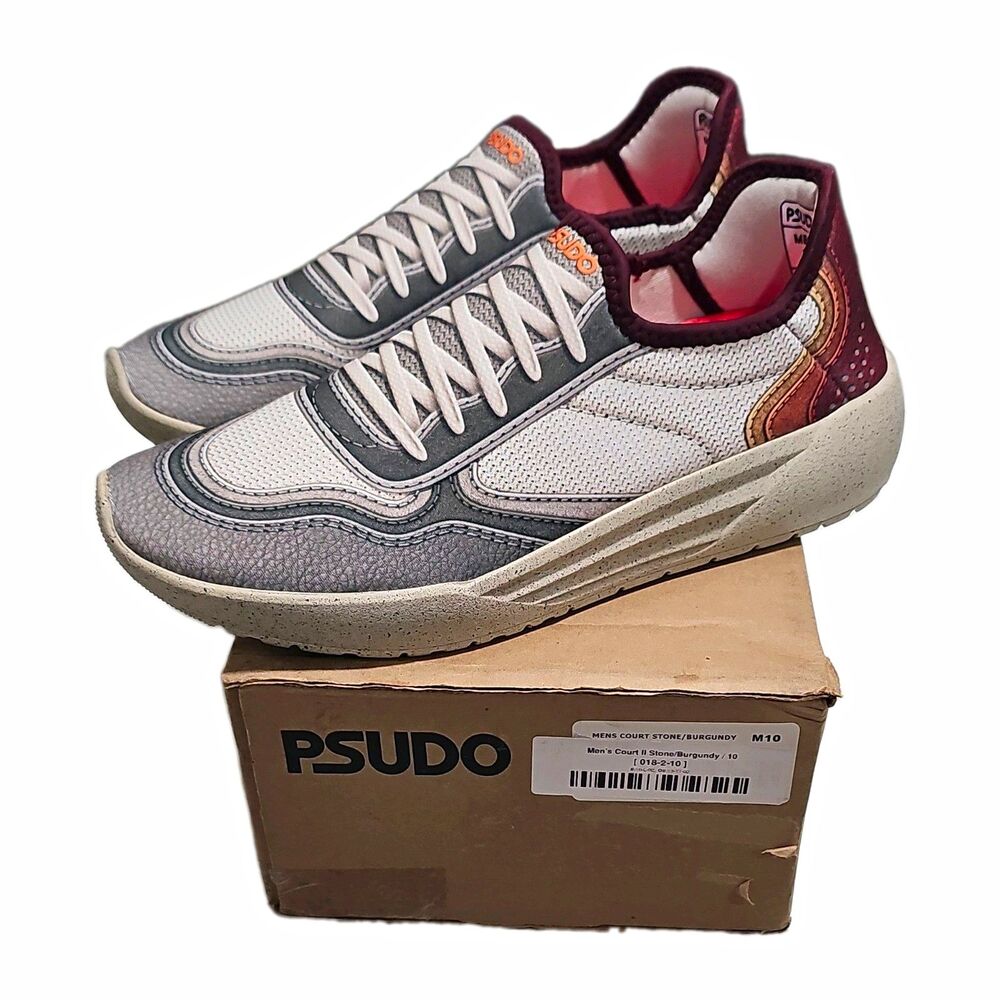 PSUDO Men’s Lace Up Low Top Sneakers Gray/White/Burgundy US Size 10